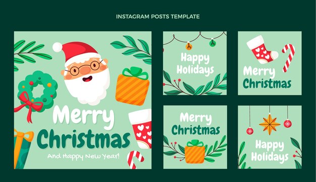 Colección de publicaciones de instagram navideñas planas dibujadas a mano