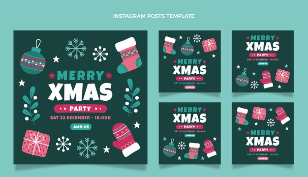 Colección de publicaciones de instagram navideñas planas dibujadas a mano