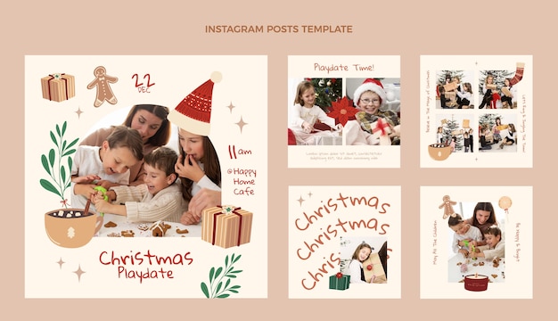Colección de publicaciones de instagram navideñas planas dibujadas a mano