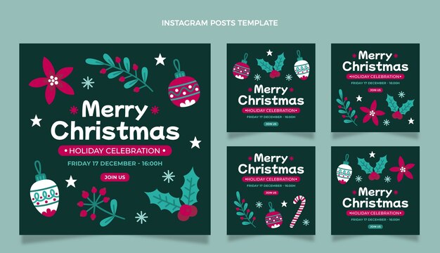 Colección de publicaciones de instagram navideñas planas dibujadas a mano