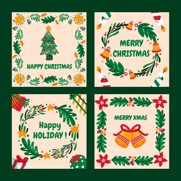 Colección de publicaciones de instagram navideñas planas dibujadas a mano