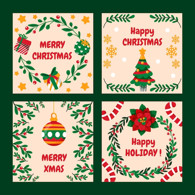 Colección de publicaciones de instagram navideñas planas dibujadas a mano