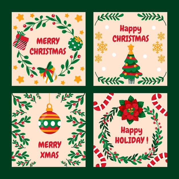 Colección de publicaciones de instagram navideñas planas dibujadas a mano