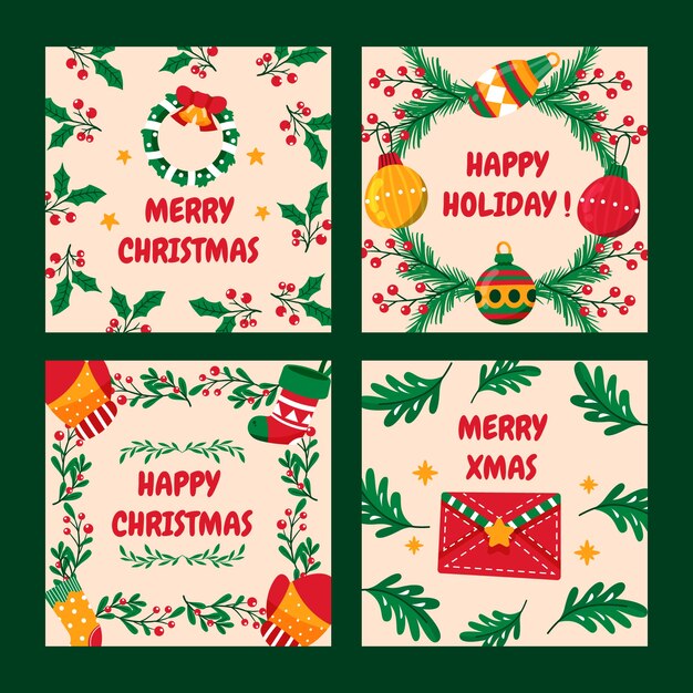 Colección de publicaciones de instagram navideñas planas dibujadas a mano