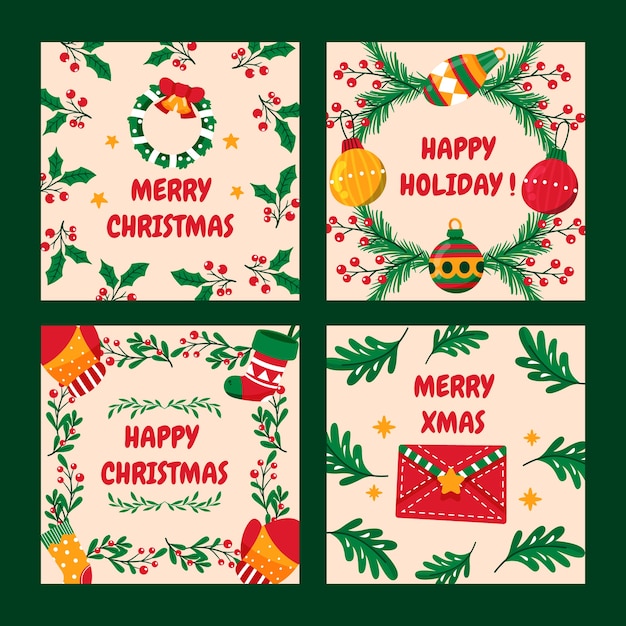 Colección de publicaciones de instagram navideñas planas dibujadas a mano