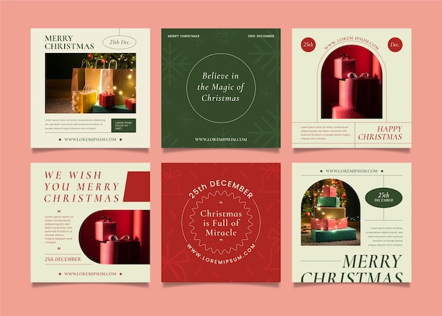 Colección de publicaciones de instagram navideñas planas dibujadas a mano