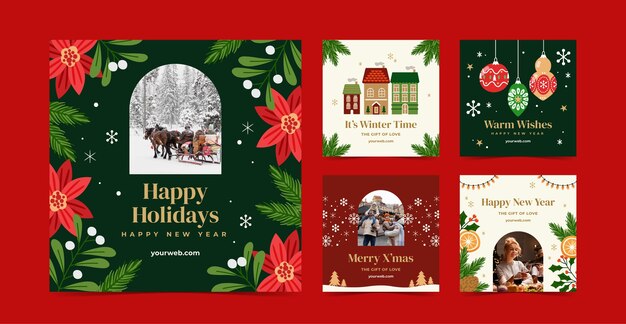 Colección de publicaciones de instagram navideñas planas