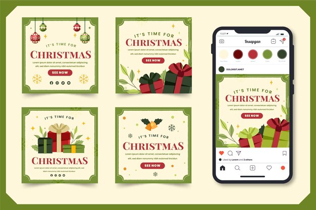 Colección de publicaciones de instagram navideñas planas
