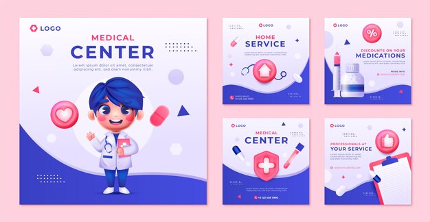 Colección de publicaciones de instagram de negocios de centro médico degradado