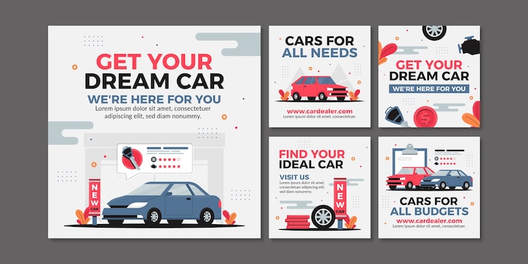Vector gratuito colección de publicaciones de instagram de negocios de concesionarios de automóviles