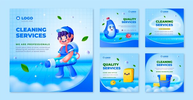 Colección de publicaciones de instagram de negocios de servicios de limpieza de degradado