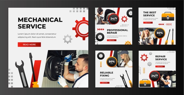 Colección de publicaciones de instagram de negocios y servicios de talleres de reparación de automóviles