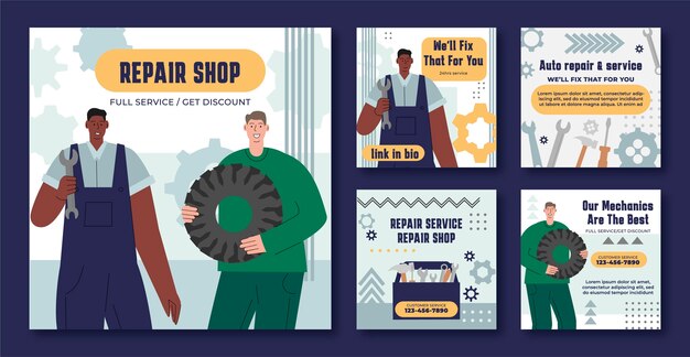 Colección de publicaciones de instagram de negocios de taller de reparación plana