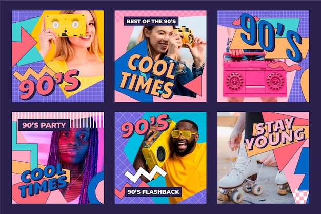 Vector gratuito colección de publicaciones de instagram nostálgicas de los 90 dibujadas a mano con foto