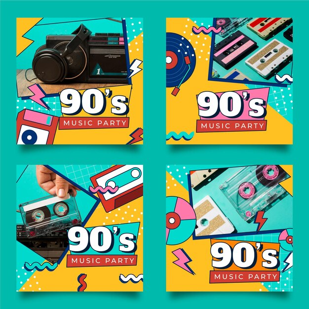 Colección de publicaciones de instagram nostálgicas de los 90 dibujadas a mano con foto