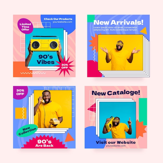 Colección de publicaciones de instagram nostálgicas de los 90 dibujadas a mano con foto