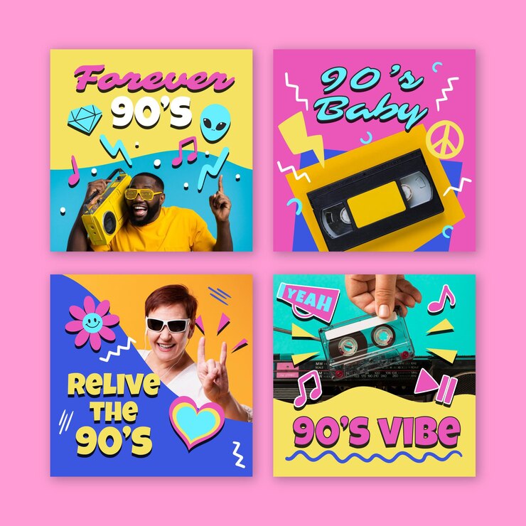 Vector gratuito colección de publicaciones de instagram nostálgicas de los 90 dibujadas a mano con foto