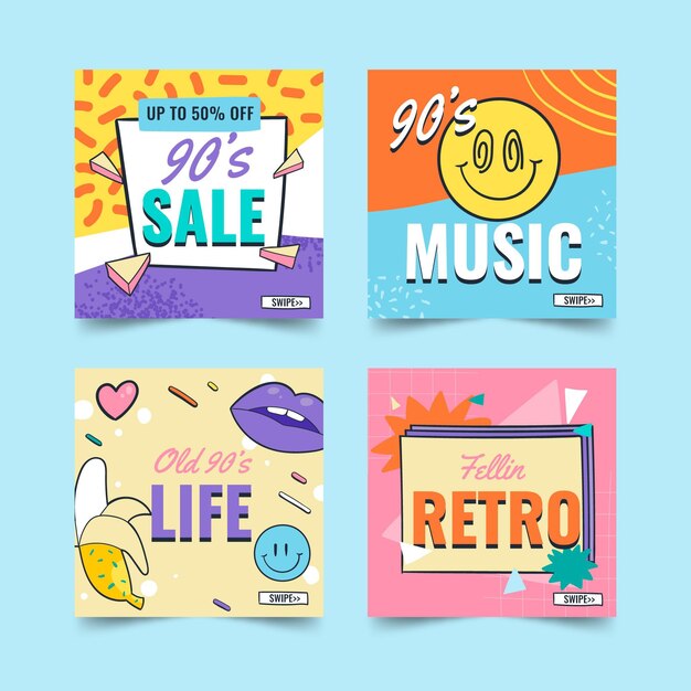 Colección de publicaciones de instagram nostálgicas de los 90 dibujadas a mano