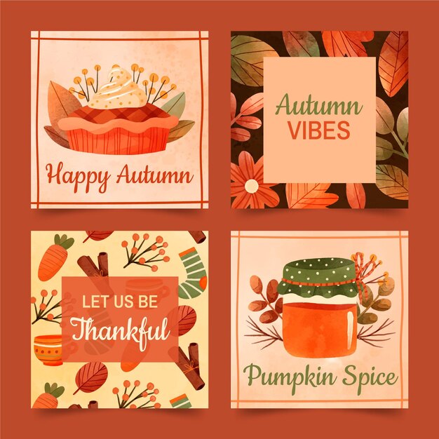 Colección de publicaciones de instagram de otoño en acuarela