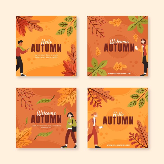 Colección de publicaciones de instagram de otoño planas dibujadas a mano