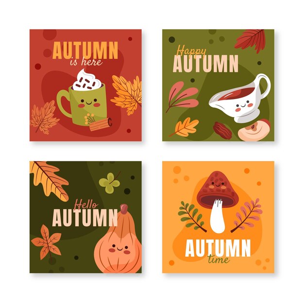 Colección de publicaciones de instagram de otoño planas dibujadas a mano