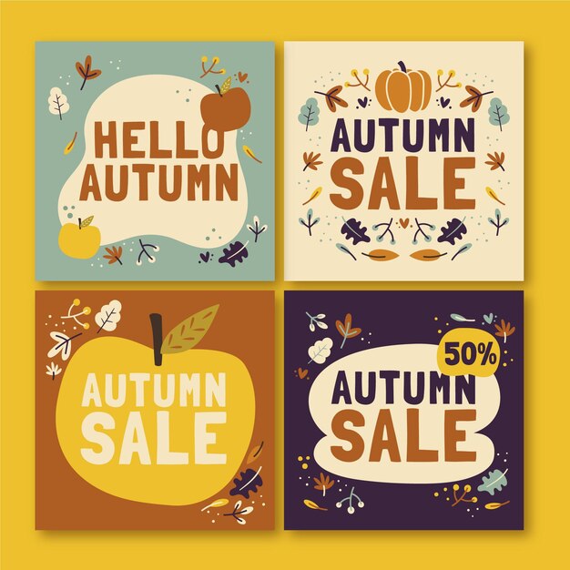 Colección de publicaciones de instagram de otoño planas dibujadas a mano