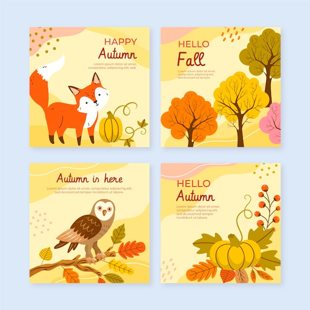 Vector gratuito colección de publicaciones de instagram de otoño planas dibujadas a mano