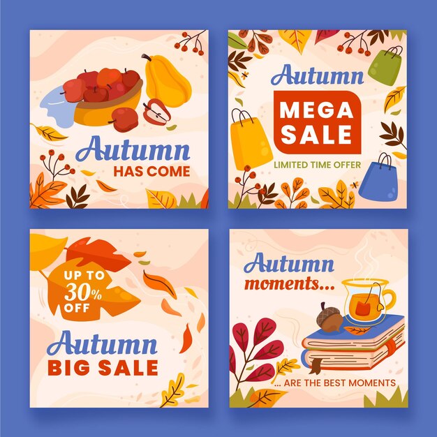 Colección de publicaciones de instagram de otoño planas dibujadas a mano