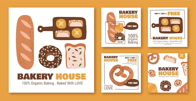 Colección de publicaciones de instagram de panadería dibujada a mano