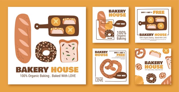 Colección de publicaciones de instagram de panadería dibujada a mano
