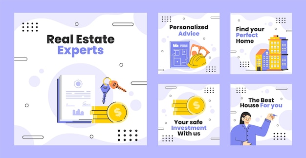 Vector gratuito colección de publicaciones de instagram planas para bienes raíces