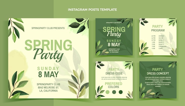 Vector gratuito colección de publicaciones de instagram de primavera en acuarela