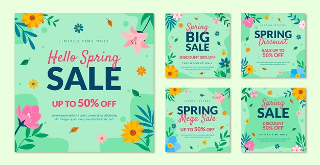 Colección de publicaciones de instagram de primavera plana floral