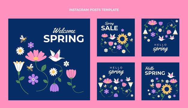 Vector gratuito colección de publicaciones de instagram de primavera plana