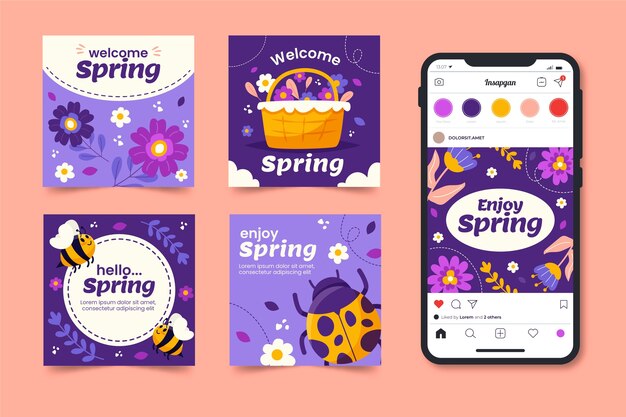 Colección de publicaciones de instagram de primavera plana
