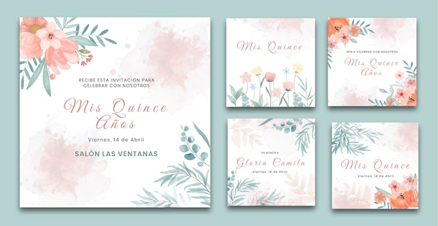 Vector gratuito colección de publicaciones de instagram de quinceañera en acuarela