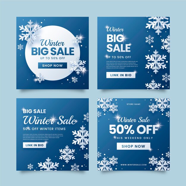 Colección de publicaciones de instagram de rebajas de invierno de estilo de papel