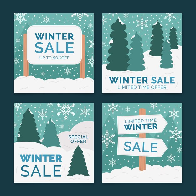 Colección de publicaciones de instagram de rebajas de invierno planas dibujadas a mano con abetos