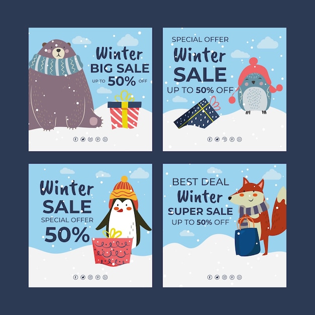 Vector gratuito colección de publicaciones de instagram de rebajas de invierno planas dibujadas a mano con animales de invierno