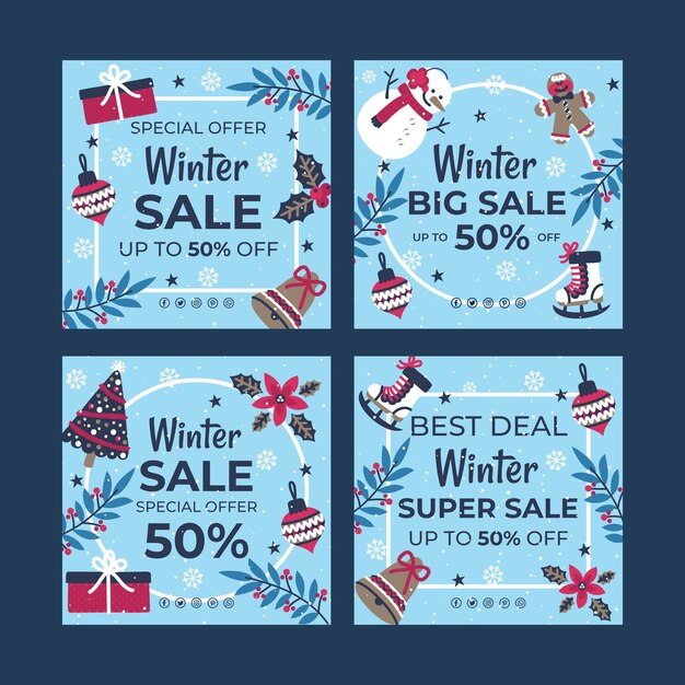 Colección de publicaciones de instagram de rebajas de invierno planas dibujadas a mano