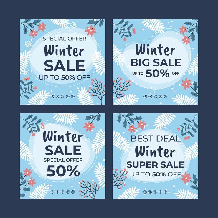 Vector gratuito colección de publicaciones de instagram de rebajas de invierno planas dibujadas a mano
