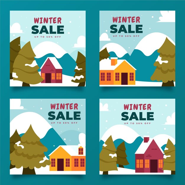 Colección de publicaciones de instagram de rebajas de invierno planas dibujadas a mano