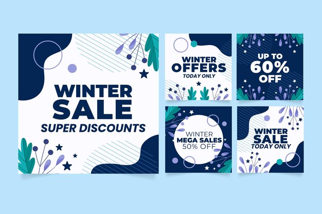 Colección de publicaciones de instagram de rebajas de invierno planas dibujadas a mano