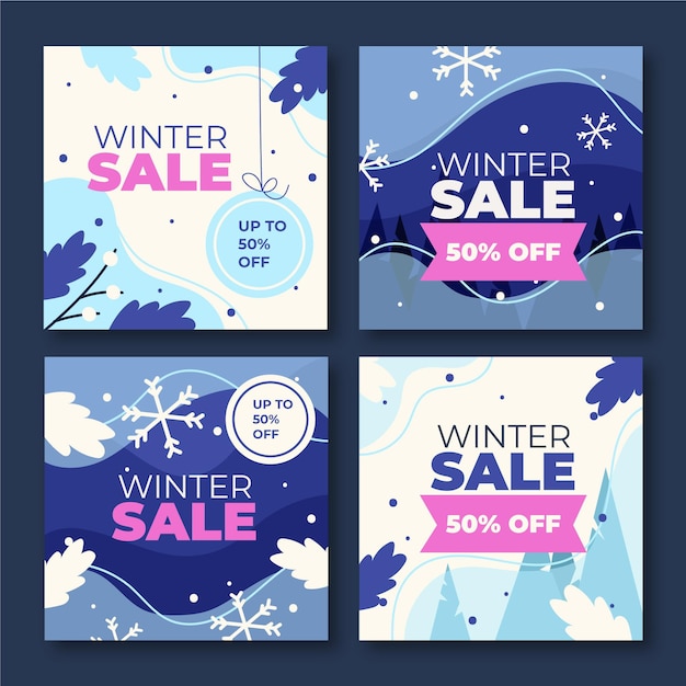 Vector gratuito colección de publicaciones de instagram de rebajas de invierno planas dibujadas a mano