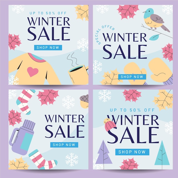 Colección de publicaciones de instagram de rebajas de invierno planas dibujadas a mano
