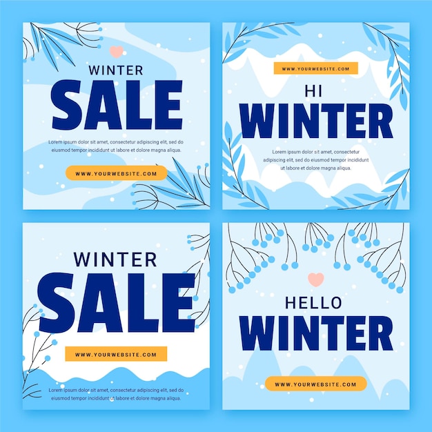 Vector gratuito colección de publicaciones de instagram de rebajas de invierno planas dibujadas a mano