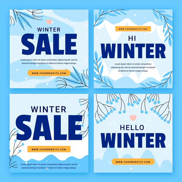 Colección de publicaciones de instagram de rebajas de invierno planas dibujadas a mano