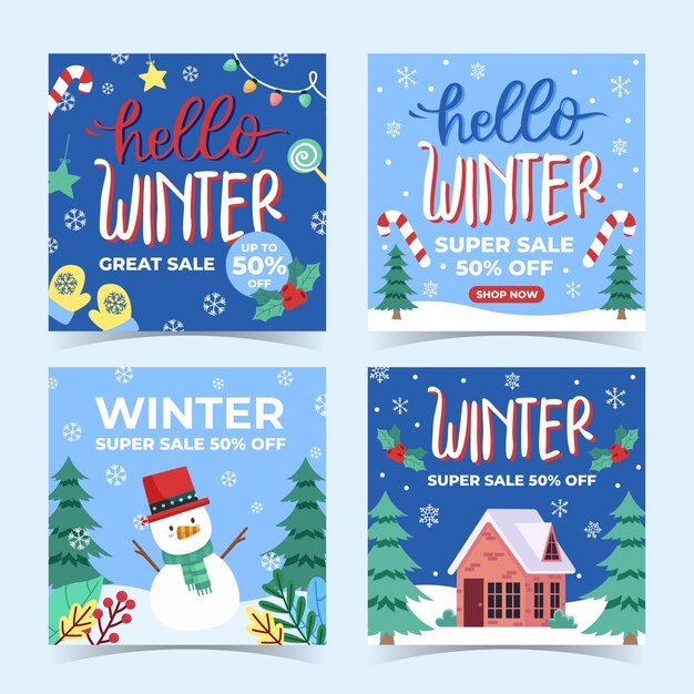 Colección de publicaciones de instagram de rebajas de invierno planas dibujadas a mano