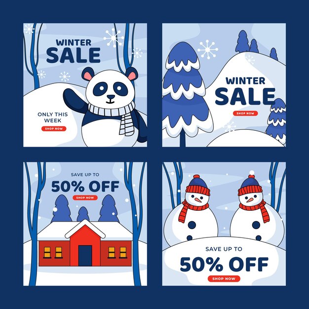 Colección de publicaciones de instagram de rebajas de invierno planas dibujadas a mano