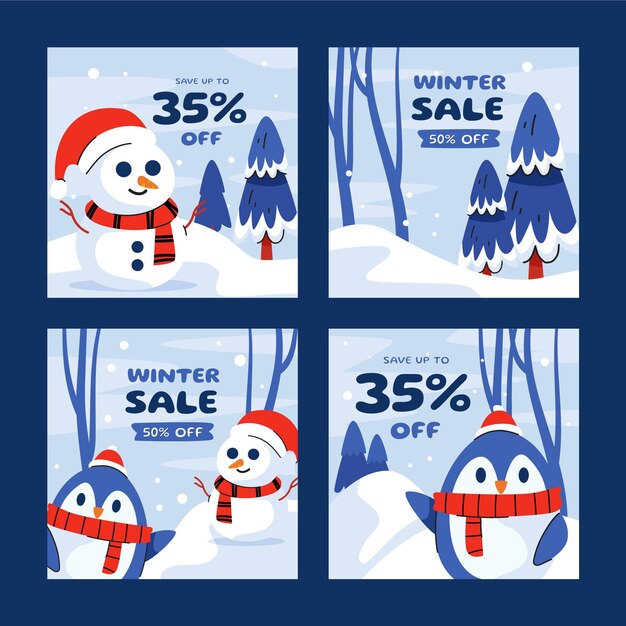 Colección de publicaciones de instagram de rebajas de invierno planas dibujadas a mano